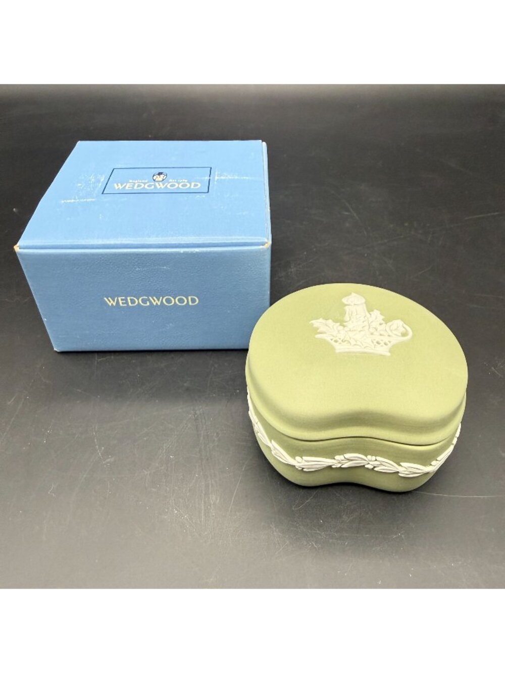 Wedgwood England Jasperware Celadon Green Trinket Dish Holiday Candle Bean Shape